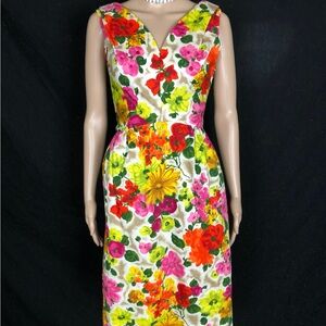 Saks Fifth Avenue V-Neck Floral Cotton Linen Midi Party Dress